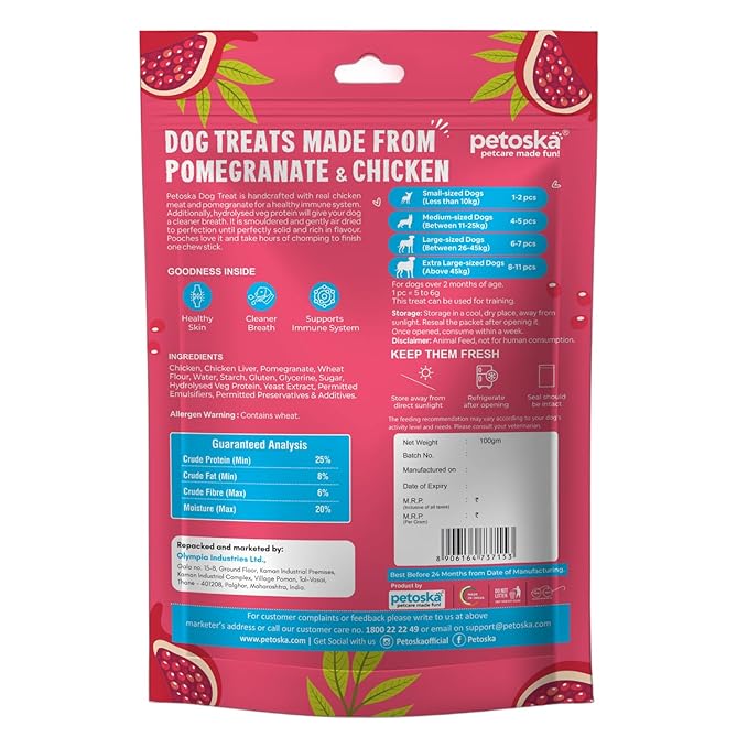 Pomegranate Chicken Sticks- 100gms | Crunchy Dog Treats | Made with Real Fruit & Chicken | Highly Nutritious | Easy to Digest | Suitable for All Dog Breeds | Pack of 1