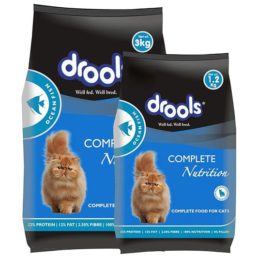 Drools Adult(+1 Year) Dry Cat Food, Ocean Fish, 3 kg + 1.2 kg Free & Kitten(1-12 Months) Dry Cat Food, Ocean Fish, 1.2kg with Free Container