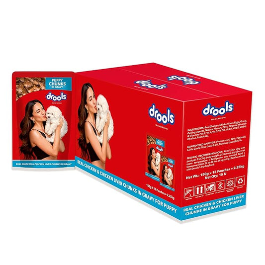 Drools Puppy Wet Dog Food 2.25kg (150g x 15) Pack of 15 | Real Chicken and Chicken Liver Chunks in Gravy | Better Digestibility & Health | Healthy Skin & Coat | Maintains Joint Health