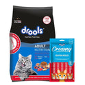 Drools Cat Adult Dry Cat Food 1kg with Free Cat Creamy Treat 75g | Tuna & Salmon Flavour | Hair Ball Protection | Taurine for Healthy Heart | Healthy Skin & Beautiful Coat