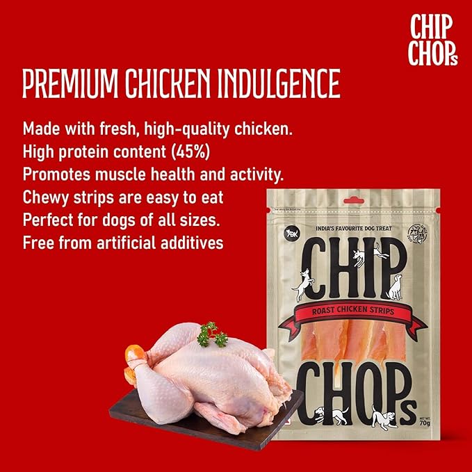 Chip Chops Chicken Strips Dog Snacks, High Protein, Grain-Free, No Artificial Additives, Delicious & Nutritious Treats for Dogs of All Breeds, 70g