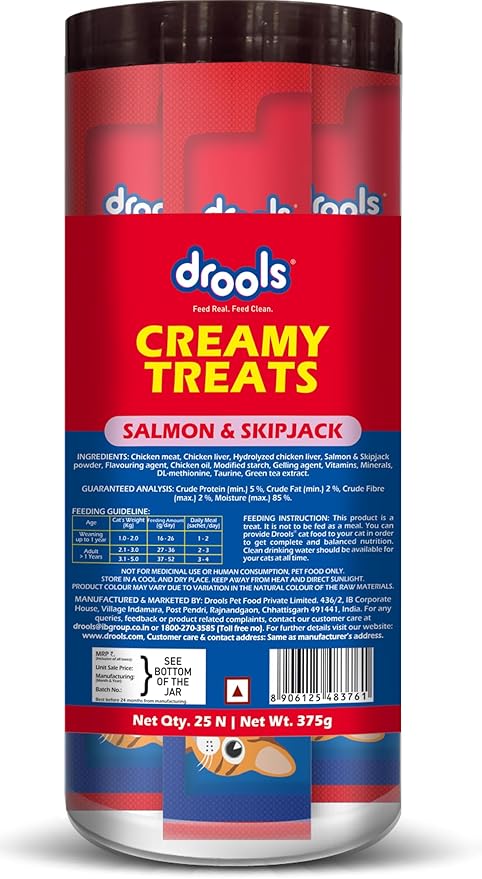 Drools All Life Stages Creamy Lickable Cat Treats 25 Pieces, Pack Total 375g | Salmon & Skipjack Flavour | Taurine for Heart and Vision Health | Easy to Hand Feed | Vitamins and Minerals