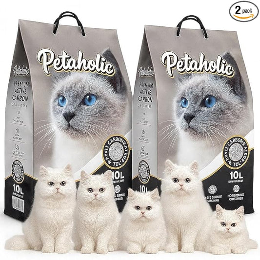 Petaholic Cat Litter (Pack of 2) New Restored Active Carbon for Super Quick Cleaning | Bentonite Clumping Cat Litter with Ultra Odor Control | Safe for Multiple Cats & Kittens (10L + 10L)