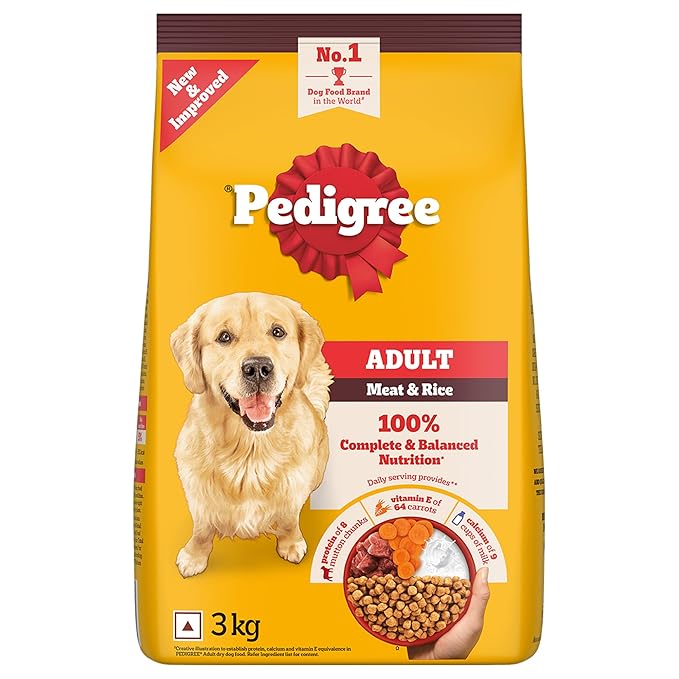 Pedigree Adult Dry Dog Food, Meat & Rice, 3 kg, Contains 37 Essential Nutrients, 100% Complete & Balanced Food for Adult Dogs