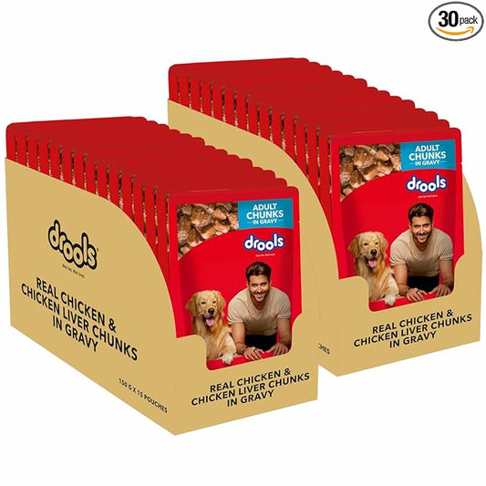 Drools Adult Wet Dog Food 4.5 kg (150g X 30) Pack of 30 | Real Chicken and Chicken Liver Chunks in Gravy | Better Digestibility and Health | Maintain Joint Health | Healthy Bones & Stronger Teeth