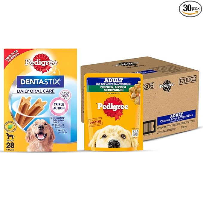 Pedigree Wet Dog Food, Grilled Liver Chunks in Gravy (30x70g) + Pedigree Dentastix Oral Care Dog Treats, Adult Large Breed, 1.08 kg | Complete Nutrition & Oral Care Combo Pack for Adult Dogs