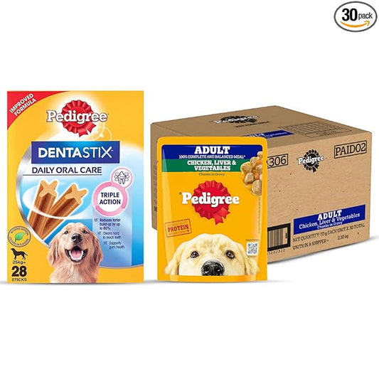 Pedigree Wet Dog Food, Grilled Liver Chunks in Gravy (30x70g) + Pedigree Dentastix Oral Care Dog Treats, Adult Large Breed, 1.08 kg | Complete Nutrition & Oral Care Combo Pack for Adult Dogs