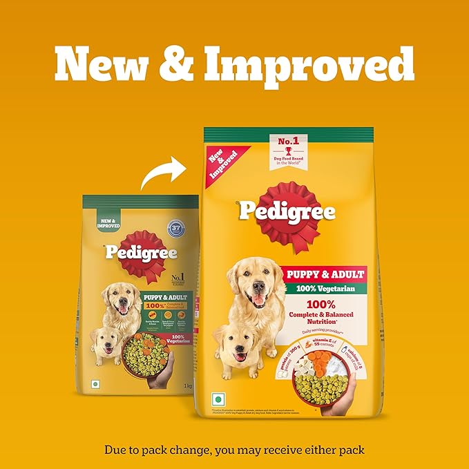 Pedigree Adult & Puppy Dry Dog Food, 100% Vegetarian, 1 kg, Contains 37 Essential Nutrients, 100% Complete & Balanced Food for Adult Dogs