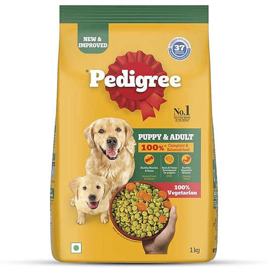 Pedigree Adult & Puppy Dry Dog Food, 100% Vegetarian, 1 kg, Contains 37 Essential Nutrients, 100% Complete & Balanced Food for Adult Dogs
