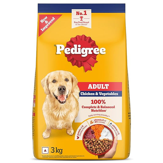 Pedigree Adult Dry Dog Food, Chicken & Vegetables, 3 kg, Contains 37 Essential Nutrients, 100% Complete & Balanced Food for Adult Dogs
