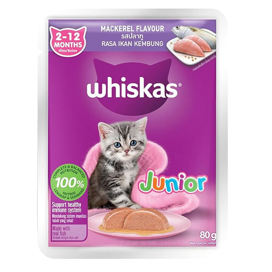 Whiskas Kitten (2-12 Months) Wet Cat Food, Mackeral Flavour, 80 g, 100% Complete & Balanced Nutrition, Supports Healthy Immune System
