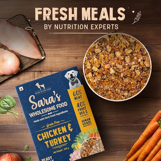 Heads Up For Tails Sara's Wholesome Food - Grain-Free Chicken And Turkey Dog Food | Wholesome Meal All Natural Wet Dog Food | Human Grade Ingredients - 300 Gm | Pack Of 7 For All Life Stages
