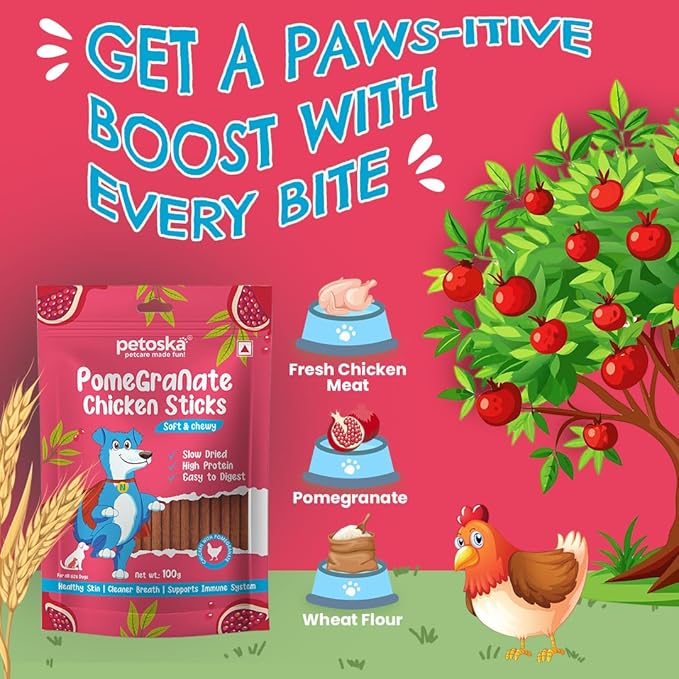 Pomegranate Chicken Sticks- 100gms | Crunchy Dog Treats | Made with Real Fruit & Chicken | Highly Nutritious | Easy to Digest | Suitable for All Dog Breeds | Pack of 1