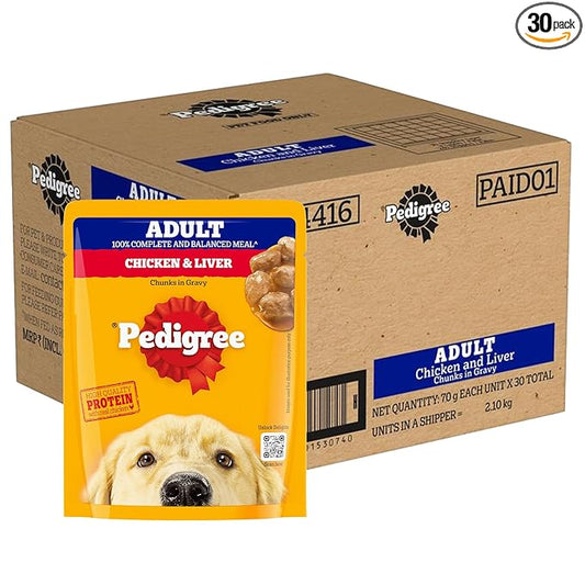 Pedigree Adult Wet Dog Food, Chicken & Liver Chunks in Gravy, 70 g (Pack of 30), Complete & Balanced Meal for Adult Dogs