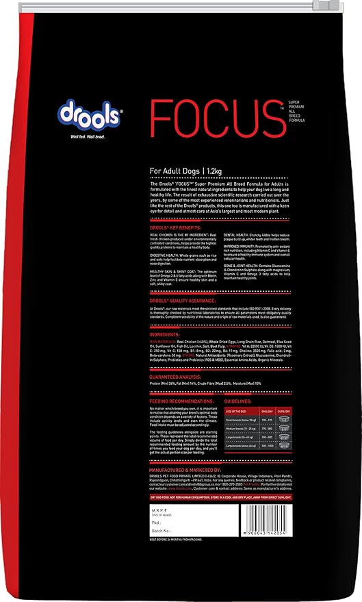 Drools Focus Premium Adult Dry Dog Food 1.2kg Pack | Chicken Flavour | Growth & Intelligence | Digestive Health | Healthy Skin & Coat | Improves Immunity