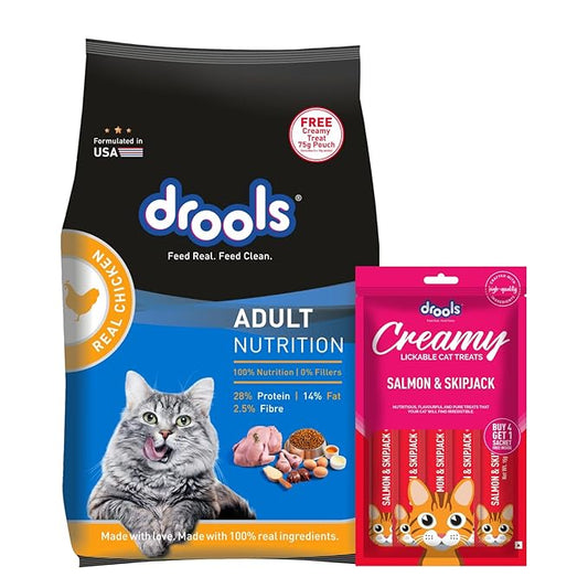 Drools Cat Adult Dry Cat Food 1kg with Free Cat Creamy Treat 75g | Real Chicken Flavour | Hair Ball Protection | Taurine for Healthy Heart | Healthy Skin & Beautiful Coat