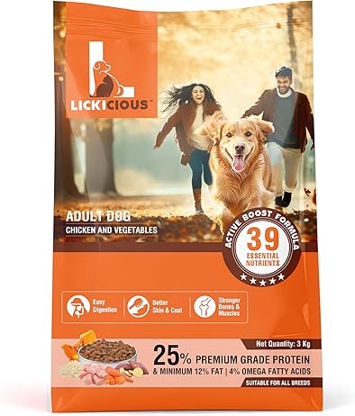 Dry Dog Food Adult 3kg | High Protein Chicken, Rice, Vegetables | 39 Essential Nutrients | Healthy Skin Shiny Coat, Strong Bones & Muscles| Complete Balanced Pure Pet Food for Pedigree Dogs
