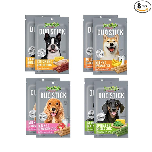 DogsnCats Jerhigh Duo Stick Chicken Cheese x 2 + Milk Strawberry x 2 + Spinach Cheese x2 + Milk Banana x 2 Treats Snacks for Dogs (Pack of 8)