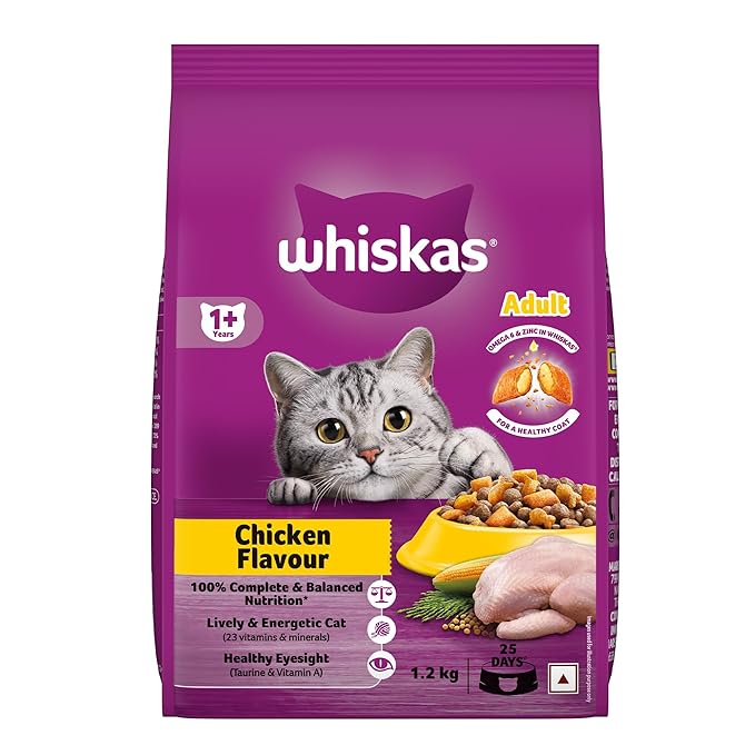 Whiskas Adult (1+ Years) Dry Cat Food, Chicken Flavour, 1.2 kg, Contains 41 Essential Nutrients, Complete & Balanced Nutrition for Adult Cats