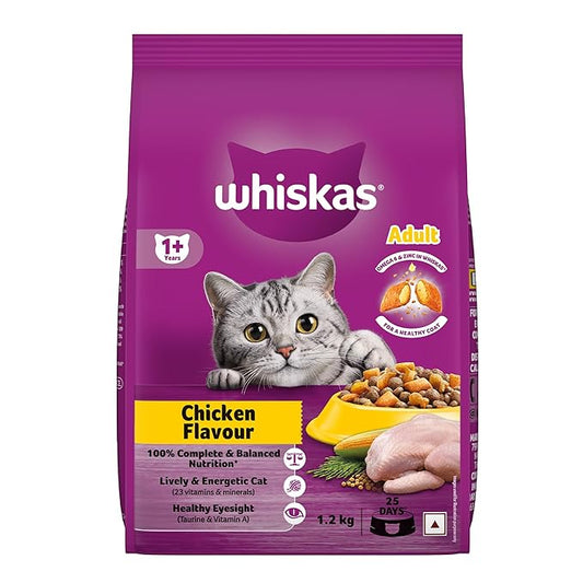 Whiskas Adult (1+ Years) Dry Cat Food, Chicken Flavour, 1.2 kg, Contains 41 Essential Nutrients, Complete & Balanced Nutrition for Adult Cats