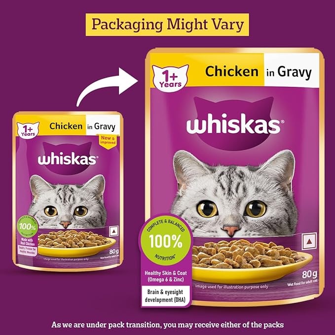 Whiskas Adult (1+ Years) Wet Cat Food, Chicken in Gravy, 80 g (Pack of 14), Hydrating Food Made With Real Chicken, 100% Complete & Balanced Nutrition for Adult Cats