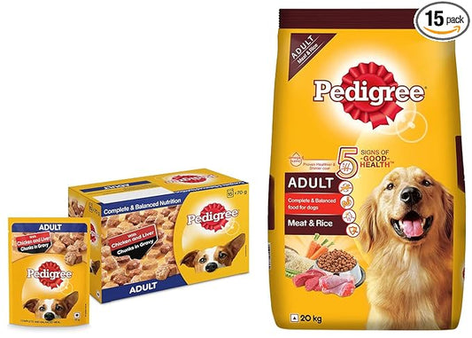 Pedigree Adult Wet Dog Food, Chicken & Liver Chunks in Gravy, 70 g (Pack of 15) & Adult Dry Dog Food, Meat & Rice, 20kg