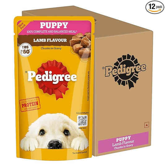Pedigree Puppy Wet Dog Food, Lamb Flavour Chunks in Gravy, 130 g (Pack of 12), Complete & Balanced Meal for Puppies