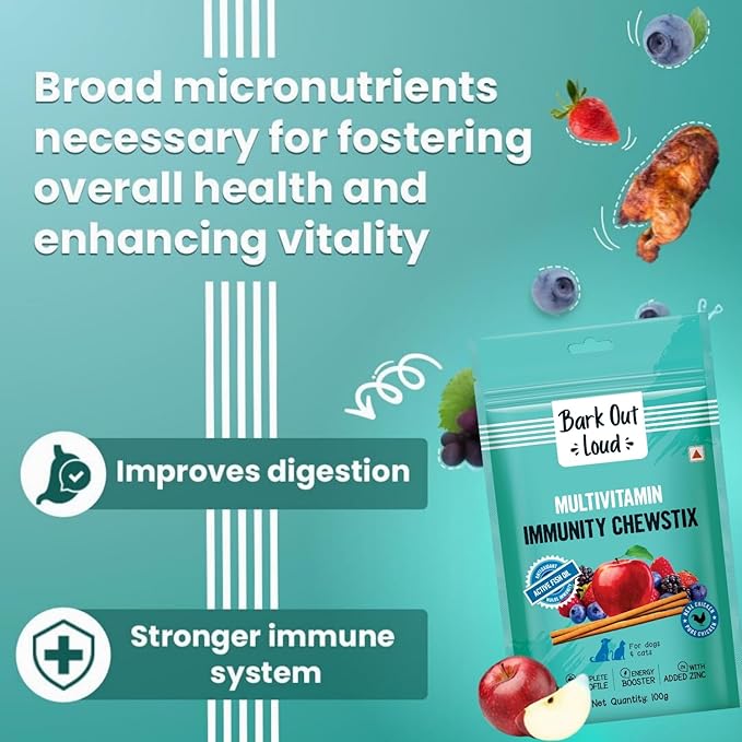 BARK OUT LOUD - Multivitamin Dog Treats, Fresh Chicken Immunity Chewstix with Omega & Zinc to Boost Health & Vitality for Dogs & Cats of All Life Stages - 100g (Pack of 1)