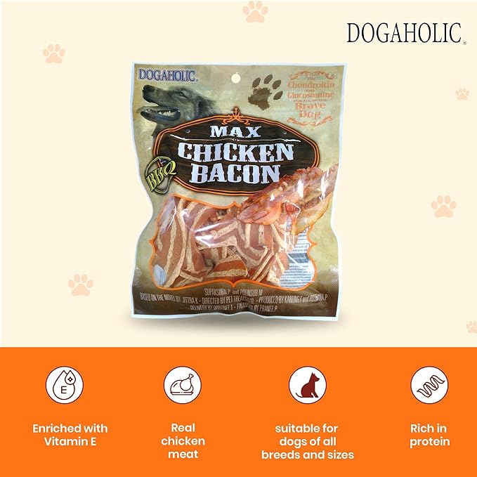 Dogaholic Snacks Combo Pack – Smoked Noodles & Chicken Bacon Strips for Dogs | Low Fat, Easy-to-Digest, Natural Ingredients with Vitamin E | 260g