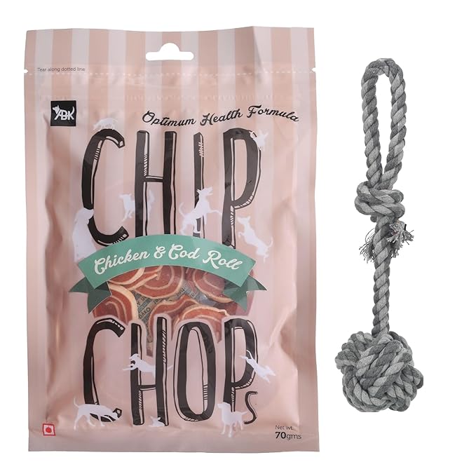 Combo of 1 Pack Chip Chops Chicken and Cod Roll High Protein Dog Treats for All Dog Breeds and Life Stages with Playing Rope with Woven-in Ball