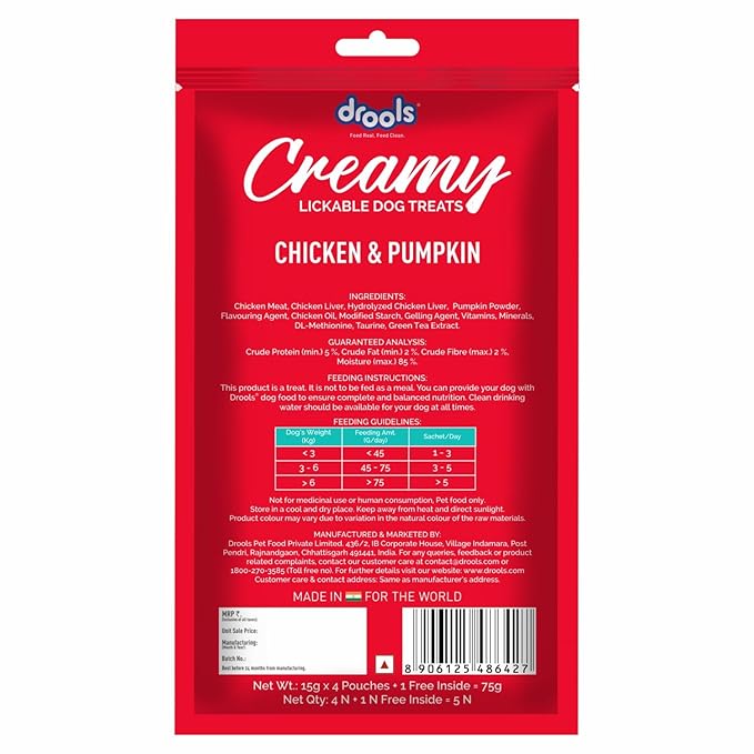 Drools Dog Treats, Creamy Chicken & Pumpkin, Tasty & Nutritious Snack for All Breeds, (15g x5),75g, All Life Stages