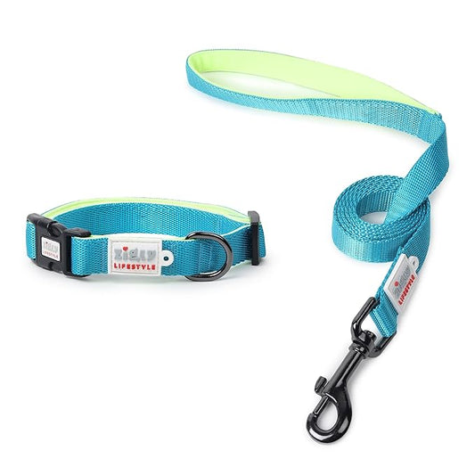 Zigly Lifestyle Classic Padded Dog Collar & Leash Set - Medium - Neon Green