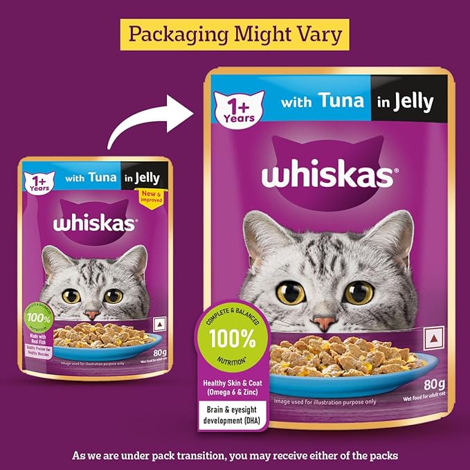 Whiskas Adult (1+ Years) Wet Cat Food, Tuna in Jelly, 80 g (Pack of 14), Hydrating Food Made With Real Fish, 100% Complete & Balanced Nutrition for Adult Cats