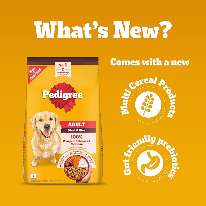 Pedigree Adult Dry Dog Food, Meat & Rice, 3 kg, Contains 37 Essential Nutrients, 100% Complete & Balanced Food for Adult Dogs