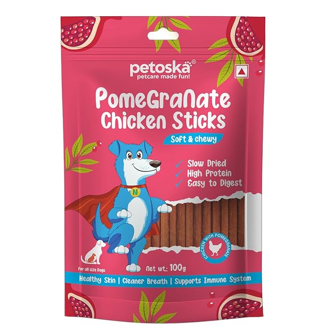 Pomegranate Chicken Sticks- 100gms | Crunchy Dog Treats | Made with Real Fruit & Chicken | Highly Nutritious | Easy to Digest | Suitable for All Dog Breeds | Pack of 1