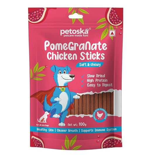 Pomegranate Chicken Sticks- 100gms | Crunchy Dog Treats | Made with Real Fruit & Chicken | Highly Nutritious | Easy to Digest | Suitable for All Dog Breeds | Pack of 1