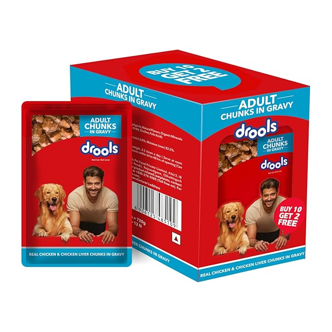 Drools Adult Wet Dog Food, Real Chicken and Chicken Liver Chunks in Gravy 0.9Kg (150g x6) Pack of 12