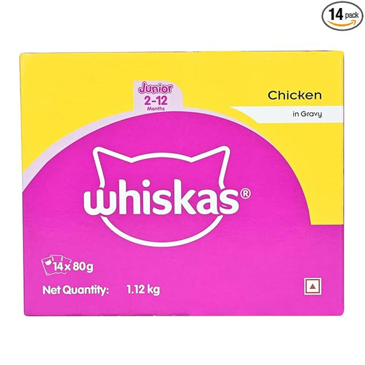 Whiskas Wet Food for Kittens (2-12 Months), Chicken in Gravy Flavour, 1.12 kg (80g x 14 Pouches)