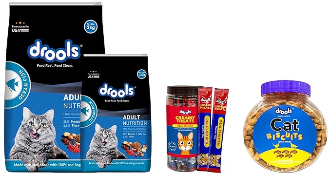Drools Adult Dry Cat Food, Ocean Fish, 3kg with Free 1.2kg, Total 4.2 Kg Pack & All Life Stages Creamy Cat Treats, Real Chicken, 375 Gm (Pack of 25) & Cat Treat Biscuits Real Chicken Flavor 400g Jar