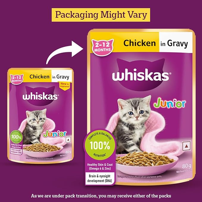 Whiskas Junior Kitten (2-12 Months) Wet Cat Food, Chicken in Gravy, 80 g (Pack of 14), Hydrating Food Made With Real Chicken, 100% Complete & Balanced Nutrition for Kittens