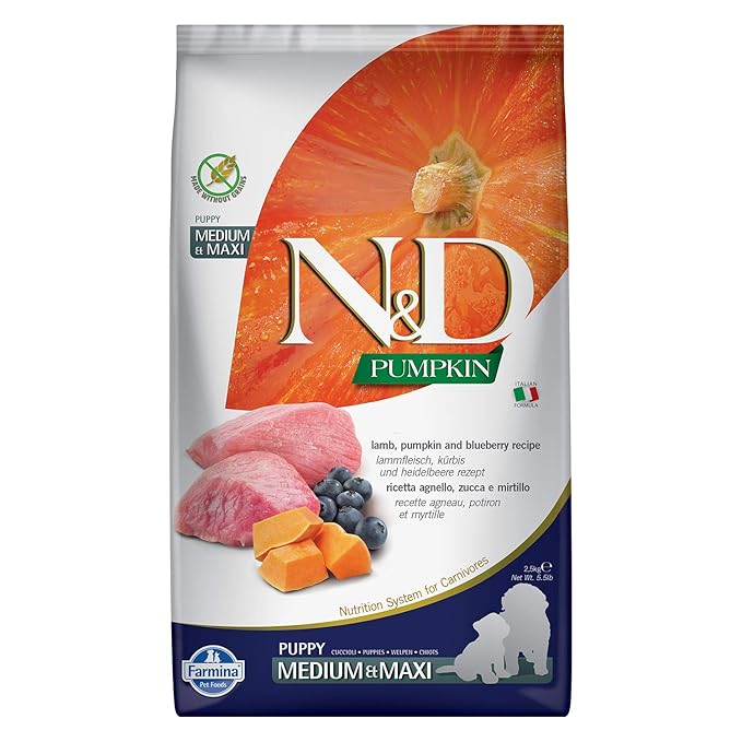N&D FARMINA PET FOODS Pumpkin Dry Dog Pet Food, Grain-Free, Puppy Medium & Maxi Breed, 2.5-Kg, Lamb and Blueberry.