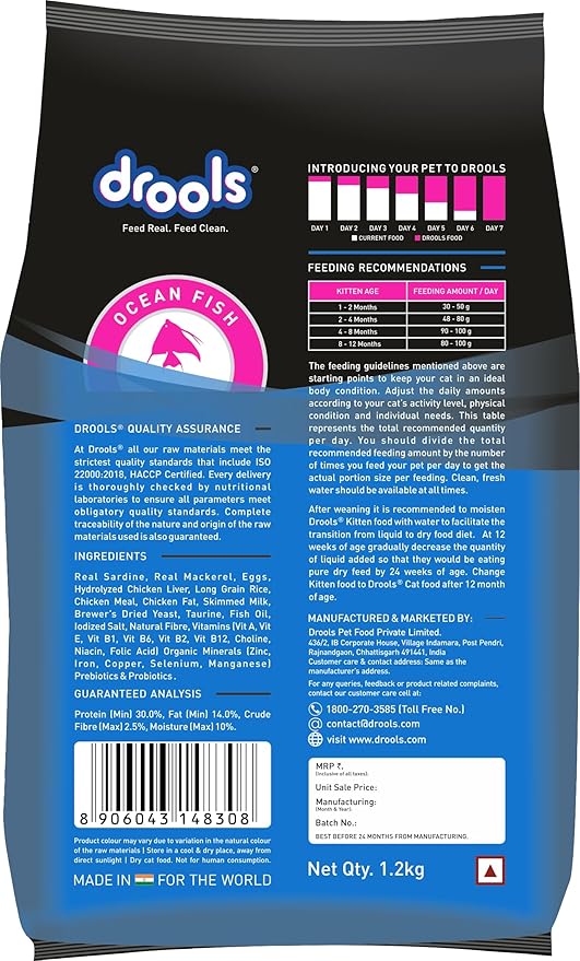 Drools Kitten Dry Cat Food 1.2kg With Free Container Pack | Ocean Fish Flavour | Healthy Skin & Beautiful Coat | Complete Nutrition | Digestive Health | Healthy Growth