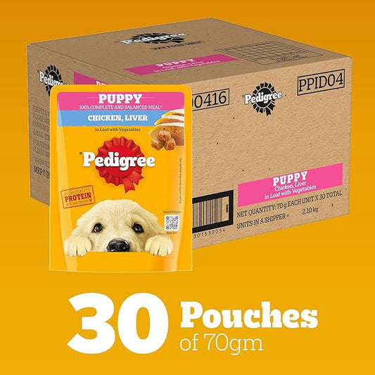 Pedigree Puppy Wet Dog Food, Chicken Liver in Loaf with Vegetables, 70 g (Pack of 30), Supports Healthy Immune System, Complete & Balanced Nutrition for Puppies