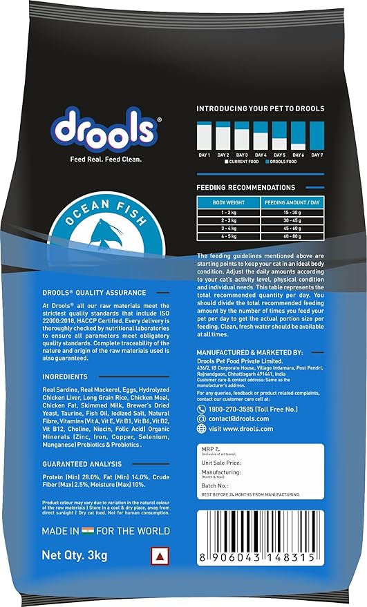 Drools Adult Dry Cat Food 3kg with Free 1.2kg, Total 4.2 kg Pack | Ocean Fish Flavour | Eye Care | Heart Care | Skin and Coat Health | Urinary Tract Health