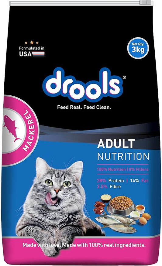 Drools Dry Cat Adult Food 3kg | Mackerel Flavour | Skin and Coat Health | Provides Better Vision and Shiny Coat | No Artiﬁcial Flavours | Hairball Control