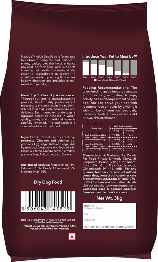 Meat Up Adult Dry Dog Food, 3+3 kg (Buy 1 Get 1 Free), Total 6 Kg Pack