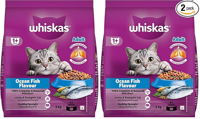 Whiskas Adult (1+ Years) Dry Cat Food, Ocean Fish Flavour, 3 kg, Contains 41 Essential Nutrients, Complete & Balanced Nutrition for Adult Cats (Pack of 2)