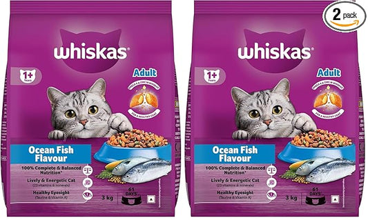 Whiskas Adult (1+ Years) Dry Cat Food, Ocean Fish Flavour, 3 kg, Contains 41 Essential Nutrients, Complete & Balanced Nutrition for Adult Cats (Pack of 2)