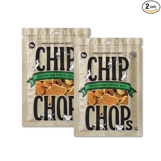 Chip Chops Dog Treat Chicken and Codfish Rolls, Optimum Health Formula, Highly Nutritional & Digestible, Suitable for All Dog Breeds in Multi-Packs, 140G (Pack of 2), All Life Stages, Roll