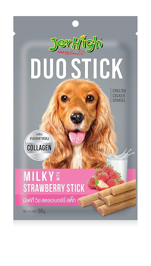 DogsnCats Jerhigh Duo Stick Chicken Cheese x 2 + Milk Strawberry x 2 + Spinach Cheese x2 + Milk Banana x 2 Treats Snacks for Dogs (Pack of 8)